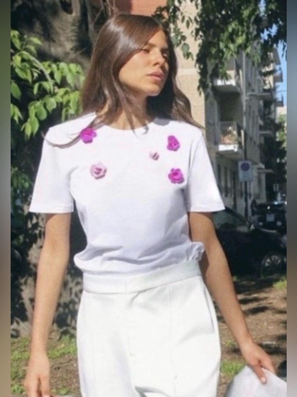 Zara White 3D Floral Appliqué T-Shirt NWT Pink Flowers XL